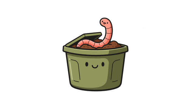 Happy worm emerging from a cute green composting bin