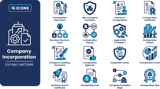 Modern vector icon collection illustrating comprehensive steps for company incorporation, business registration, legal entity formation, and corporate development services