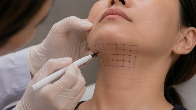 Fat Dissolving Mapping Doctor Drawing Purple Injection Grid on Woman Double Chin and Submental Area with White Surgical Pen Before Lipolysis Treatment Close-Up