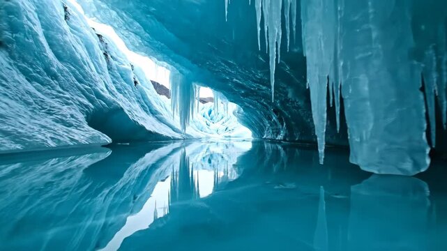 Interior view of a turquoise glacier cave with hanging icicles and a reflective frozen floor, showcasing textured blue ice walls and light entering from a distant cavern opening.