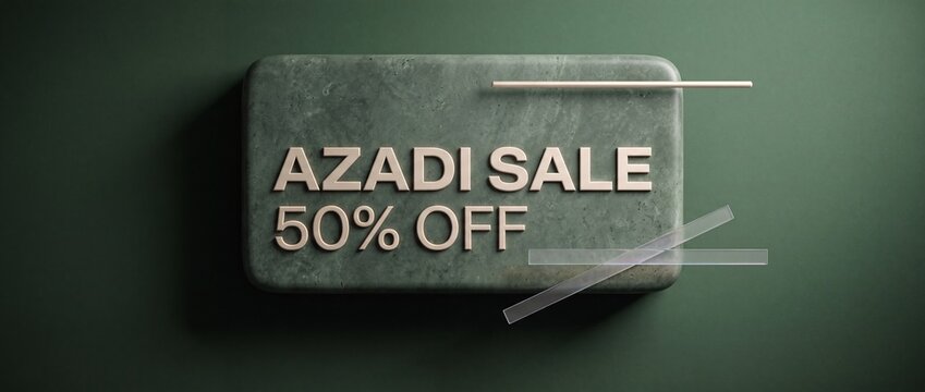Sale sign with bold 50 percent discount sticker on glass. Modern retail pricing display. Discounted pricing promotion with clear savings tag for co...