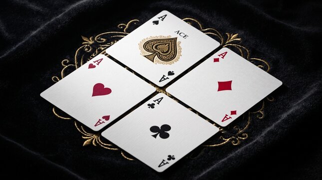 Extreme close-up of the four aces from a bridge deck arranged in an artistic symmetrical composition, premium linen-finish playing cards, dramatic side lighting, black velvet background with elegant