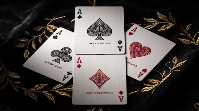 Extreme close-up of the four aces from a bridge deck arranged in an artistic symmetrical composition, premium linen-finish playing cards, dramatic side lighting, black velvet background with elegant
