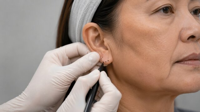 Filler Mapping Doctor Marking Injection Point Dots on Asian Woman Earlobe and Preauricular Area with Black Surgical Pen Before Filler Treatment in Aesthetic Clinic