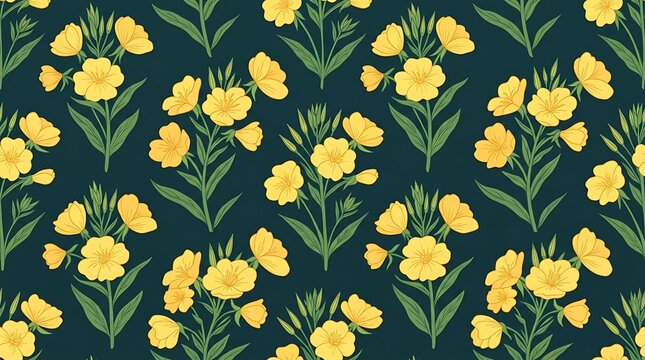 Seamless botanical pattern with yellow flowers on dark background