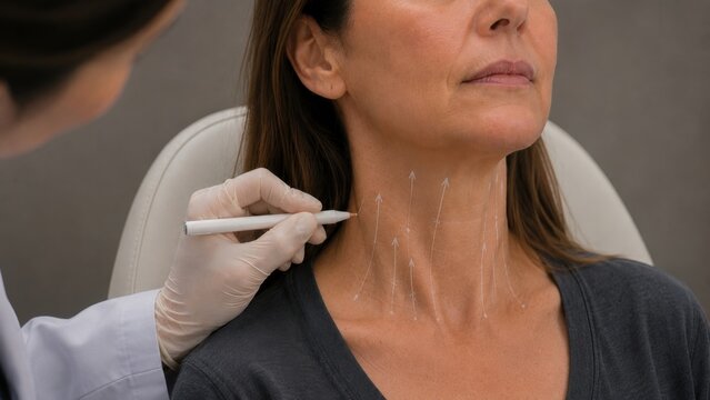 Thread Lift Mapping Doctor Drawing Upward Lifting Arrows on Mature Woman Neck with White Surgical Marker Before Neck Tightening Procedure in Aesthetic Clinic