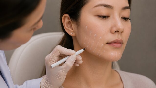 Thread Lift Mapping Doctor Drawing Lifting Arrows on Asian Woman Face with White Marker Pen Before Facial Rejuvenation Procedure in Aesthetic Clinic