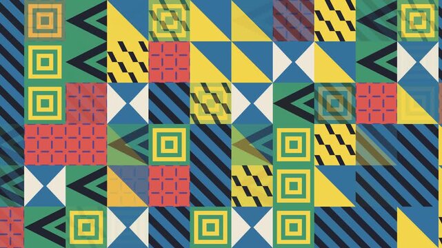 Seamless abstract pattern loop in black, blue, yellow - modern animated 4K motion background for video editing, social media and presentation