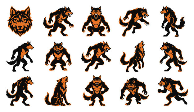Set of various werewolf character poses for halloween design projects featuring aggressive monsters and scary wolf creatures isolated