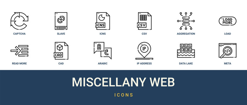 Set of 12 outline web Miscellany Web icons such as meta, data lake, ip address, arabic, cad, read more, load vector icons for report, presentation, diagram, web design, mobile app