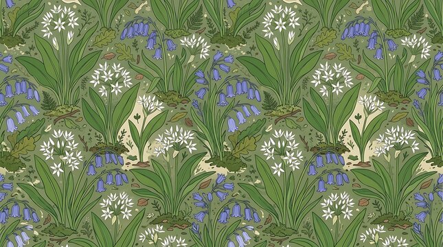 Seamless floral pattern with bluebells and wild garlic blossoms