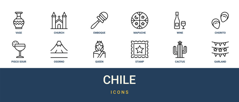 Set of 12 outline web Chile icons such as garland, cactus, stamp, queen, osorno, pisco sour, chorito vector icons for report, presentation, diagram, web design, mobile app