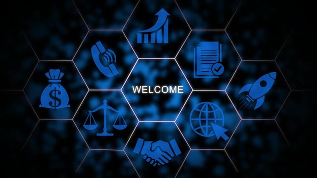 Digital welcome interface with animated business and hexagonal network connectivity background technology