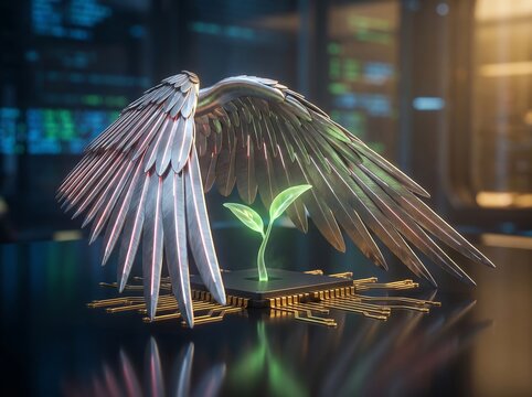 Indonesian Garuda Eagle Wings Protecting Green Sprout on Tech Microchip