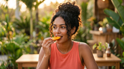 Fototapeta premium Woman Eating Fresh Mango Slice in Tropical Garden