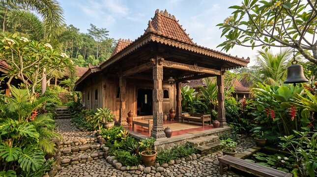 Traditional wooden Javanese joglo house surrounded by lush tropical garden in Indonesia.