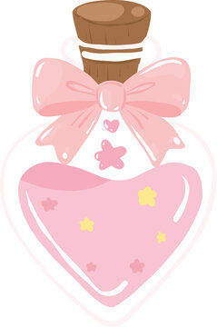 Cute magic potion glass bottle with pink liquid and ribbon bow for cozy pastel witchy Halloween decor hand drawn illustration vector asset