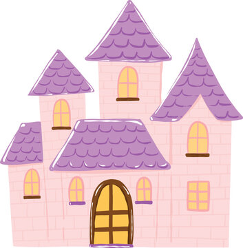 Cute pastel pink haunted house castle with purple roof for cozy fairytale Halloween party decor hand drawn illustration vector asset