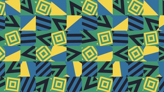 Seamless abstract pattern loop in black, blue, yellow - decorative animated 4K motion background for video editing, social media and presentation