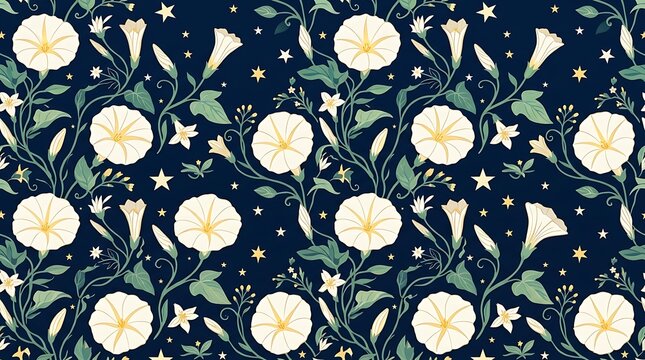 Seamless celestial floral pattern with white moonflowers and stars
