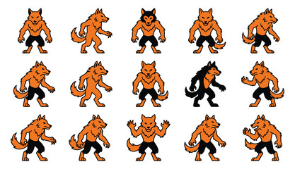 Obraz premium Set of cartoon werewolf character poses for halloween design projects featuring various dynamic movements and aggressive stances