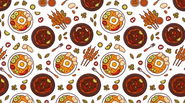 Seamless pattern of traditional Indonesian food featuring nasi goreng and chicken satay skewers.
