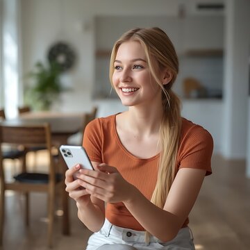 Joyful Connection: A young woman with blonde hair tied in a ponytail smiles warmly as she holds her smartphone, seemingly engrossed in a delightful digital interaction within a bright.