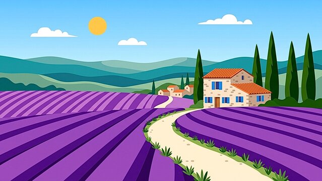 Summer lavender field landscape in Provence with traditional stone farmhouse, cypress trees, winding road and hills