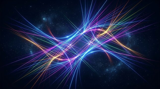 Abstract glowing fiber optic lines intersecting in cosmic dark space