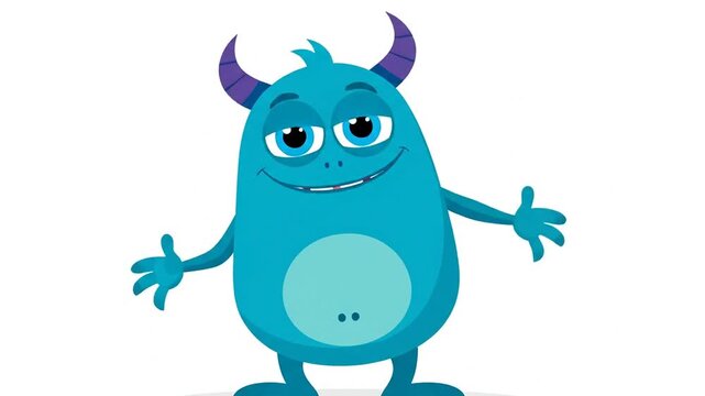 A friendly blue monster stands with arms open wide in joy