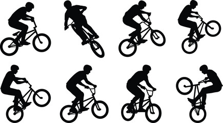 Fototapeta premium Set of black silhouette BMX bicycle riders performing extreme stunts and jumping tricks