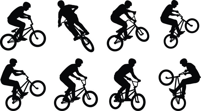 Set of black silhouette BMX bicycle riders performing extreme stunts and jumping tricks