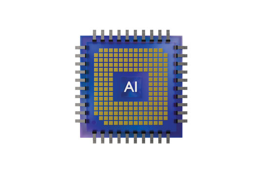 3d blue ai microchip with gold contacts isolated on white. artificial intelligence processor. 3d render.