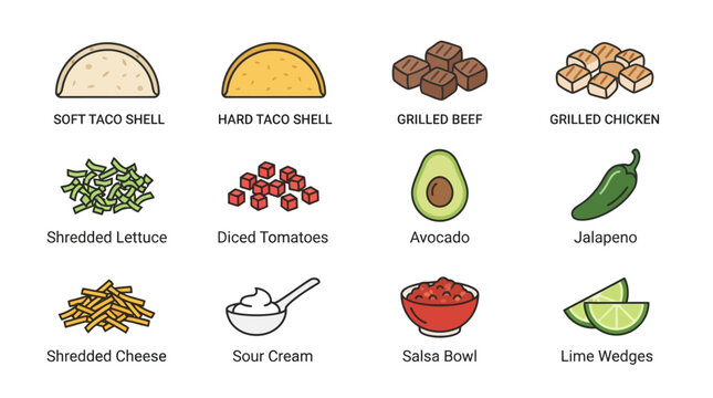 Colorful Mexican Food Ingredients Illustration Set.