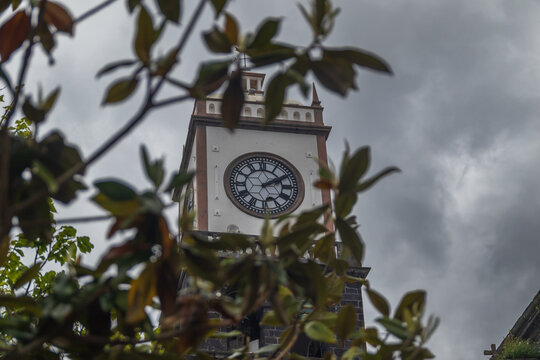 Vista en contrapicado de la torre del reloj de una iglesia tradicional enmarcada por las hojas en primer plano de un &aacute;rbol bajo un cielo nublado en Sao Miguel Azores.