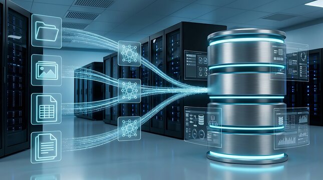 Digital Data Transfer and Storage in a Modern Server Room with Futuristic Interface
