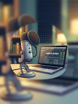 Professional podcast microphone and laptop with audio software
