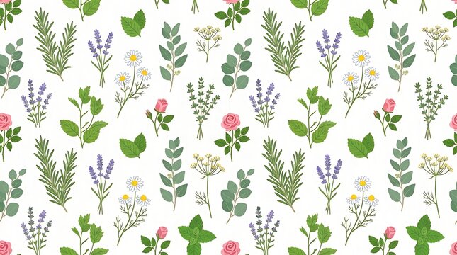 Seamless botanical pattern with fresh herbs and colorful flowers