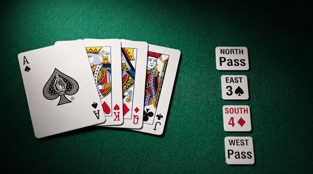 Extreme macro shot of perfectly arranged Contract Bridge cards, luxury casino-grade playing cards with pristine edges, elegant bridge bidding sequence beside the cards, emerald felt background