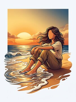 Peaceful woman relaxing on the shore during a golden sunset