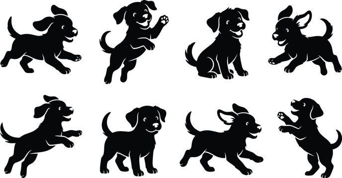 Playful Puppy Silhouettes in Various Poses Capturing Energetic and Joyful Dog ActionsPlayful Puppy Silhouettes in Various Poses Capturing Energetic and Joyful Dog Actions