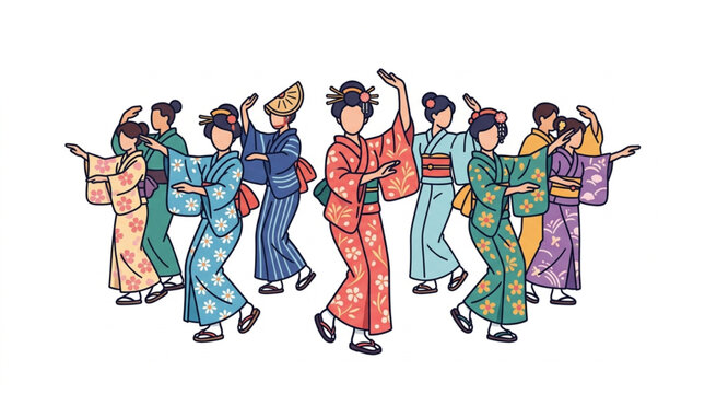 Traditional Japanese dancers in colorful kimonos performing a group dance.