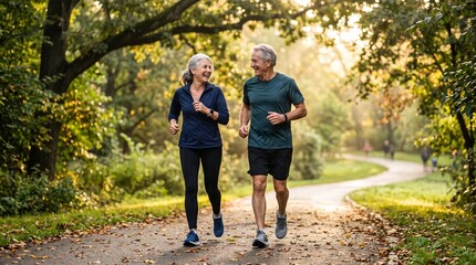 Obraz premium Happy senior couple jogging together in a sunny green park during autumn, active lifestyle and fitness in retirement