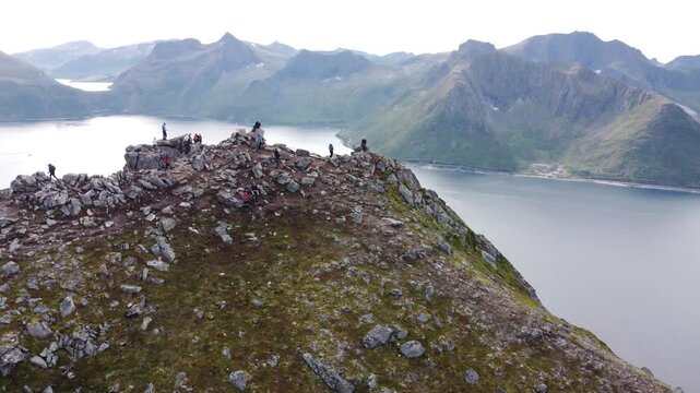 Aerial view of dramatic Segla mountain peak from Hesten trail in Senja Norway