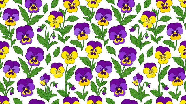 Seamless floral pattern with purple and yellow pansies