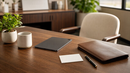 Fototapeta premium Empty advisor desk prepared for client appointment in modern office