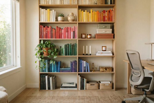 Modern wooden bookshelf neatly organized by color in bright room