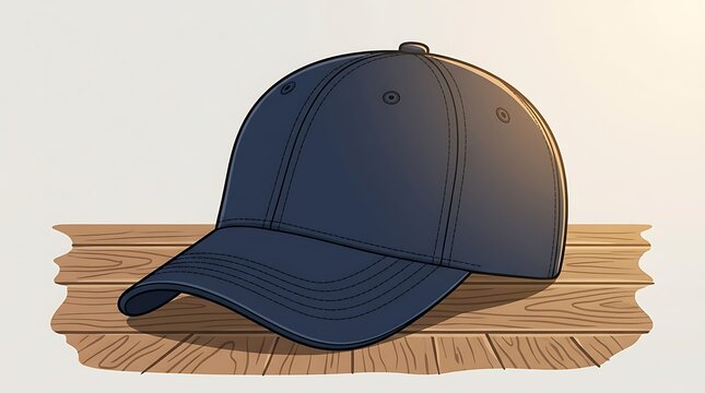Classic dark blue baseball cap on wooden surface illustration