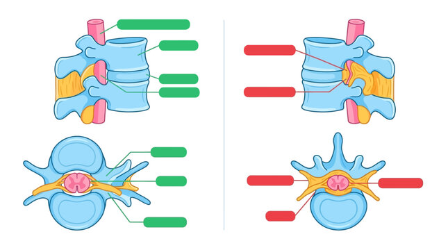 Human Spine Anatomy Diagram with lateral and axial vertebral views and blank labels, ideal for medical education and healthcare presentations.