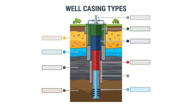 Well Casing Infographic cross-section diagram with blank labels and geological layers, ideal for educational presentations and engineering reports.